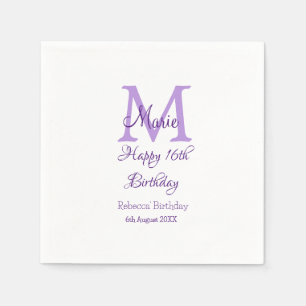 Serviette En Papier Joyeux 16e anniversaire violet ajouter nom monogra