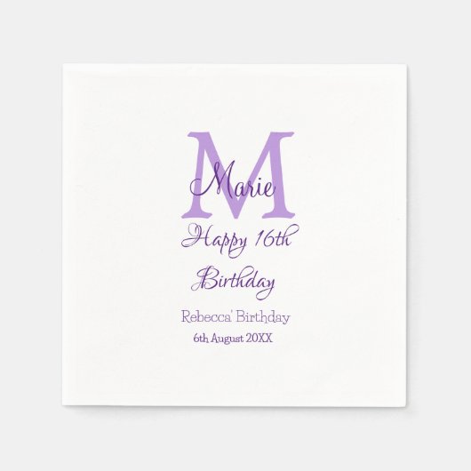 Serviette En Papier Joyeux 16e anniversaire violet ajouter nom monogra (Devant)