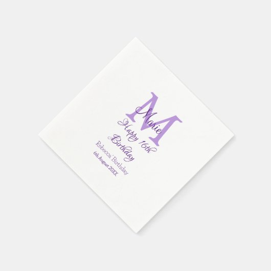 Serviette En Papier Joyeux 16e anniversaire violet ajouter nom monogra (Coin)