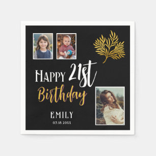 Serviette En Papier Joyeux 21e anniversaire Gold Foliage 3 Photo Party