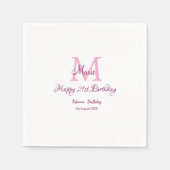 Serviette En Papier Joyeux 21e Anniversaire rose ajouter nom monogramm (Devant)