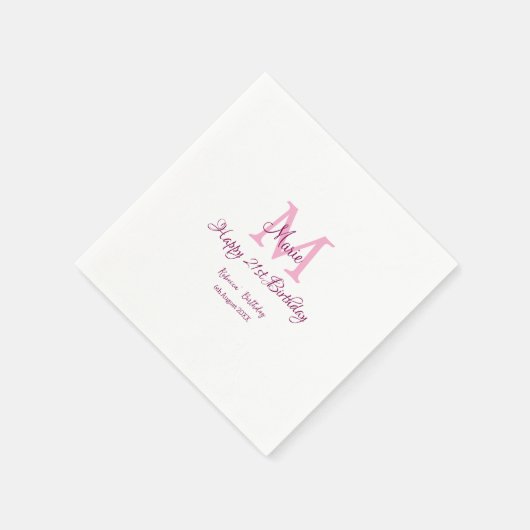 Serviette En Papier Joyeux 21e Anniversaire rose ajouter nom monogramm (Coin)