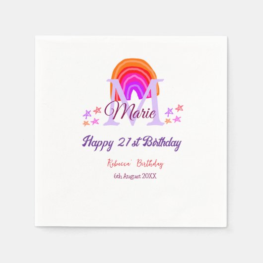 Serviette En Papier Joyeux 21e anniversaire rose ajouter nom monogramm (Devant)