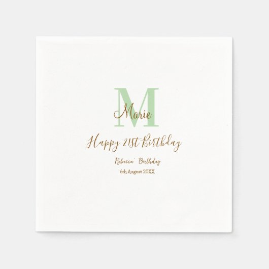 Serviette En Papier Joyeux 21e Anniversaire vert ajouter nom monogramm (Devant)