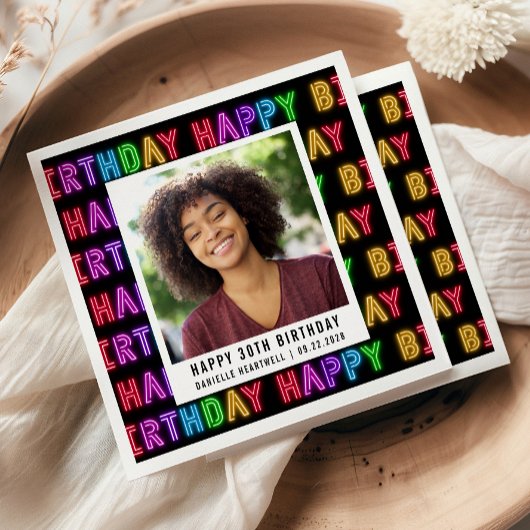 Serviette En Papier Joyeux 30e anniversaire Photo Rainbow Neon