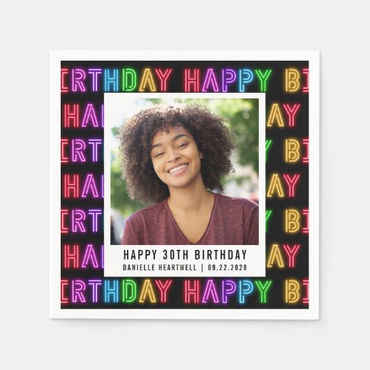 Serviette En Papier Joyeux 30e anniversaire Photo Rainbow Neon (Devant)