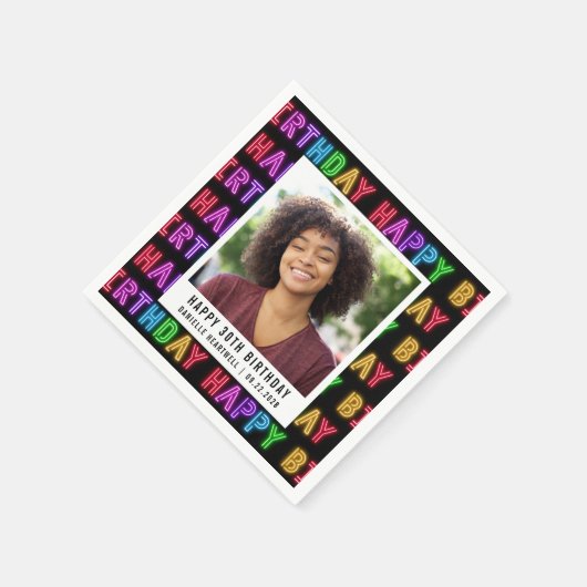 Serviette En Papier Joyeux 30e anniversaire Photo Rainbow Neon (Coin)