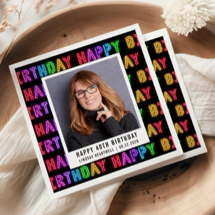 Serviette En Papier Joyeux 40e anniversaire Photo Rainbow Neon