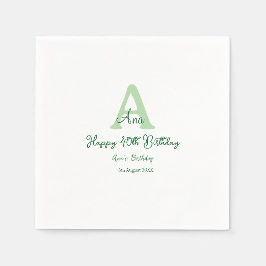 Serviette En Papier Joyeux 40e anniversaire vert ajouter nom monogramm (Devant)