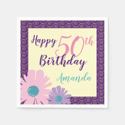 Serviette En Papier Joyeux 50e anniversaire fleurs florales (Devant)