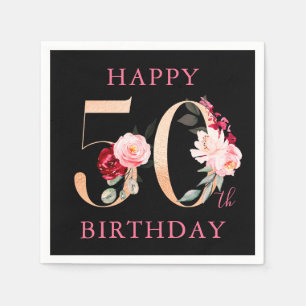 Serviette En Papier Joyeux 50e anniversaire Gold Black Floral Party