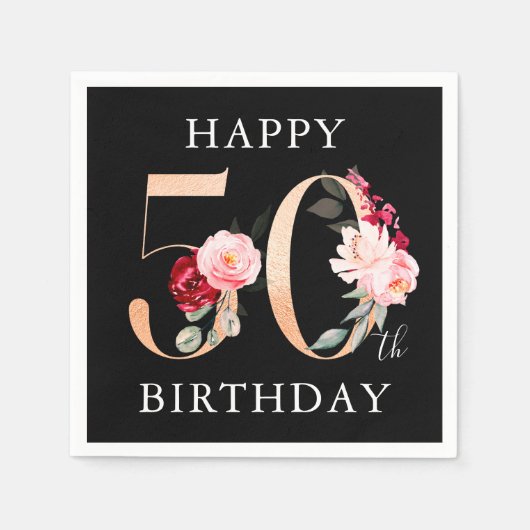 Serviette En Papier Joyeux 50e anniversaire Gold Black Floral Party (Devant)