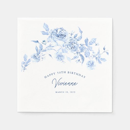 Serviette En Papier Joyeux anniversaire 50e Rose bleu Floral Custom (Devant)