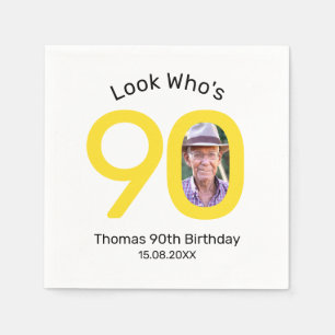 Serviette En Papier Joyeux Anniversaire 90 Photo Jaune et Blanc