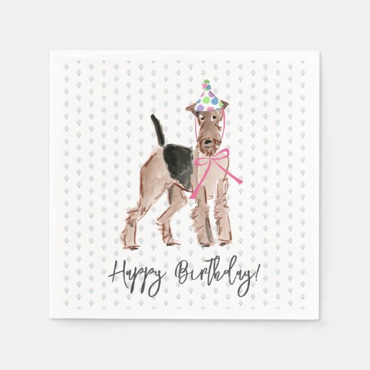 Serviette En Papier Joyeux anniversaire Airedale Chien Casquette Gâtea (Devant)