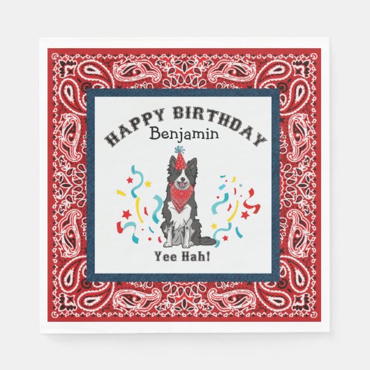 Serviette En Papier Joyeux anniversaire avec Collie frontalier en Band (Devant)