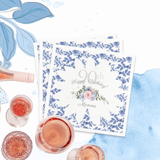 Serviette En Papier Joyeux Anniversaire Bleu Flore Blanche serviettes