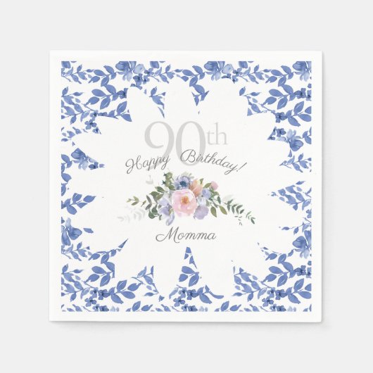 Serviette En Papier Joyeux Anniversaire Bleu Flore Blanche serviettes (Devant)