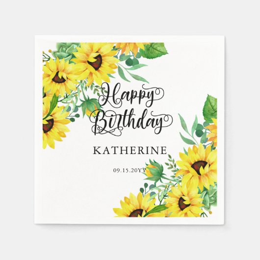 Serviette En Papier Joyeux Anniversaire Boho Sunflowers | Eucalyptus (Devant)