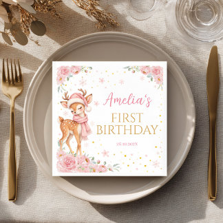 Serviette En Papier Joyeux Anniversaire Cerf Mignon Onedeerful Fleurs