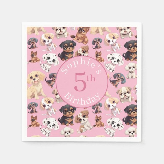 Serviette En Papier Joyeux Anniversaire Chien Toutou Rose (Devant)