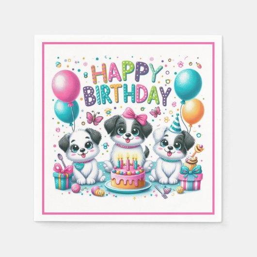Serviette En Papier Joyeux Anniversaire Chiots (Devant)