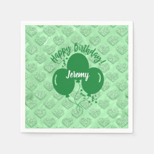 Serviette En Papier Joyeux Anniversaire Coeurs verts Ballons Personnal