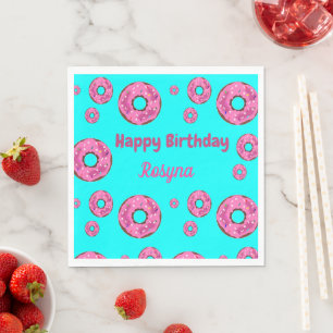 Serviette En Papier Joyeux anniversaire crème rose beignets bleu