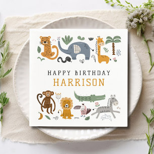 Serviette En Papier Joyeux Anniversaire Deux Animaux Safari Sauvages E
