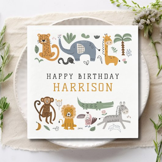 Serviette En Papier Joyeux Anniversaire Deux Animaux Safari Sauvages E