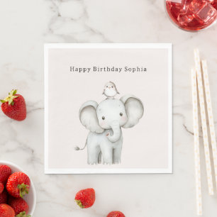 Serviette En Papier Joyeux Anniversaire d'Oiseau d'Éléphant Mignon