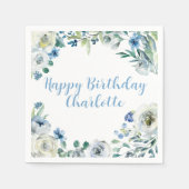 Serviette En Papier Joyeux anniversaire Elégant Blue Blanc Floral Part (Devant)