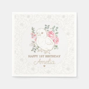 Serviette En Papier Joyeux Anniversaire Fleurie Poulet Doré