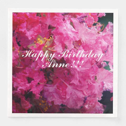 Serviette En Papier Joyeux Anniversaire Fleurs roses Nom personnalisé (Devant)