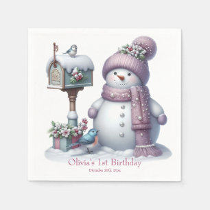 Serviette En Papier Joyeux Anniversaire Hiver Bonhomme de Neige Rose M
