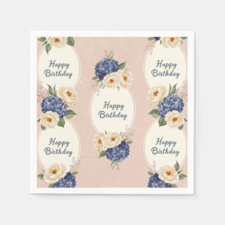 Serviette En Papier Joyeux anniversaire, hydrangées et pivoines