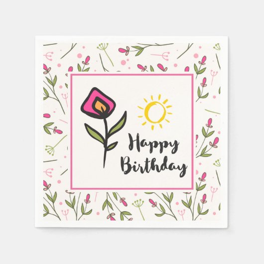 Serviette En Papier Joyeux anniversaire - Joli Fleurs sauvages et sole (Devant)