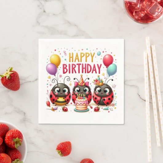 Serviette En Papier Joyeux anniversaire Ladybugs (En situation)