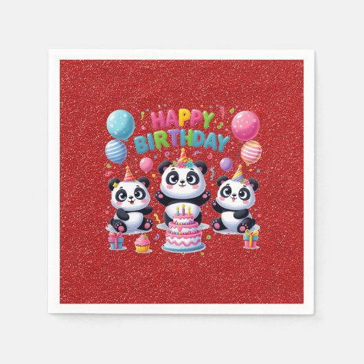 Serviette En Papier Joyeux Anniversaire, Mes Trois Pandas, (Devant)