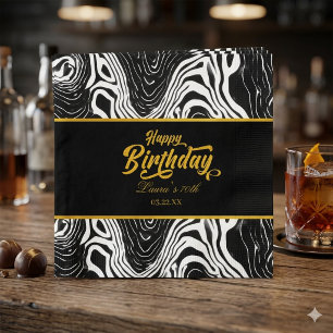 Serviette En Papier Joyeux Anniversaire Moderne Agate Noir & Or