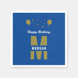 Serviette En Papier Joyeux Anniversaire Monogramme Tout Âge Bleu Blanc
