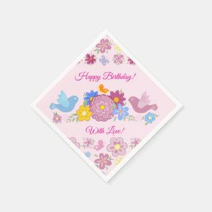 Serviette En Papier Joyeux Anniversaire Motif Fleurs Sauvages Oiseaux 