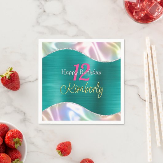 Serviette En Papier Joyeux Anniversaire, Nom Age Iridescente & Vague A (En situation)
