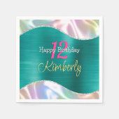 Serviette En Papier Joyeux Anniversaire, Nom Age Iridescente & Vague A (Devant)