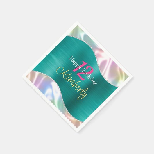 Serviette En Papier Joyeux Anniversaire, Nom Age Iridescente & Vague A (Coin)