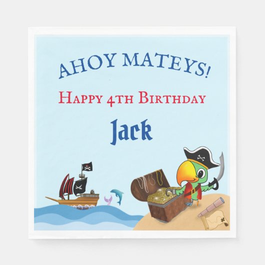 Serviette En Papier Joyeux Anniversaire Perroquet Pirate Et Papier Nav (Devant)