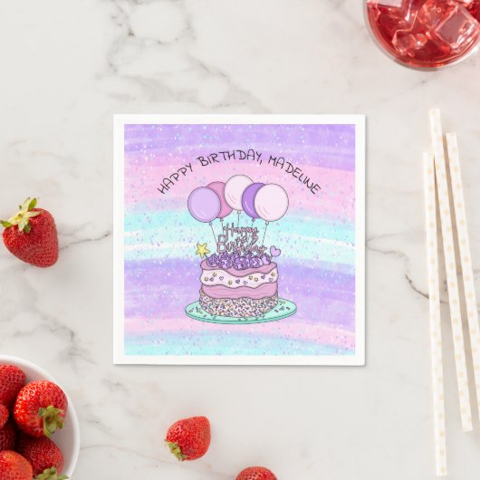 Serviette En Papier Joyeux anniversaire personnalisé rose et violet (En situation)