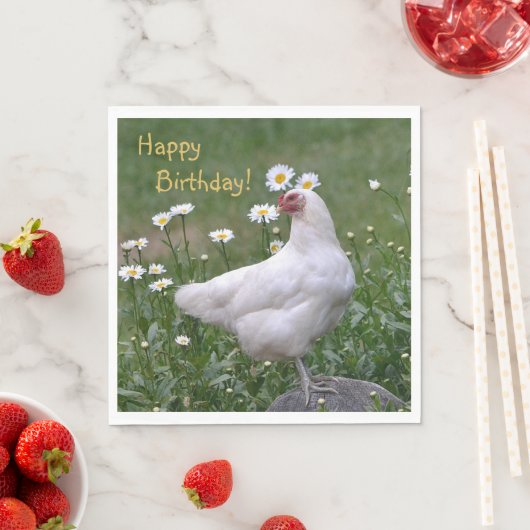 Serviette En Papier Joyeux Anniversaire Poulet Avec Marguerites (En situation)