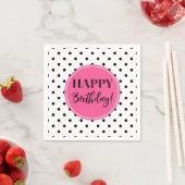 Serviette En Papier Joyeux Anniversaire rose noir points blancs servie (En situation)
