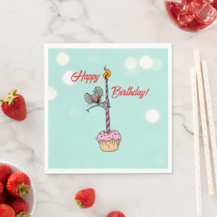 Serviette En Papier Joyeux Anniversaire Souris avec Gâteau et Bougie